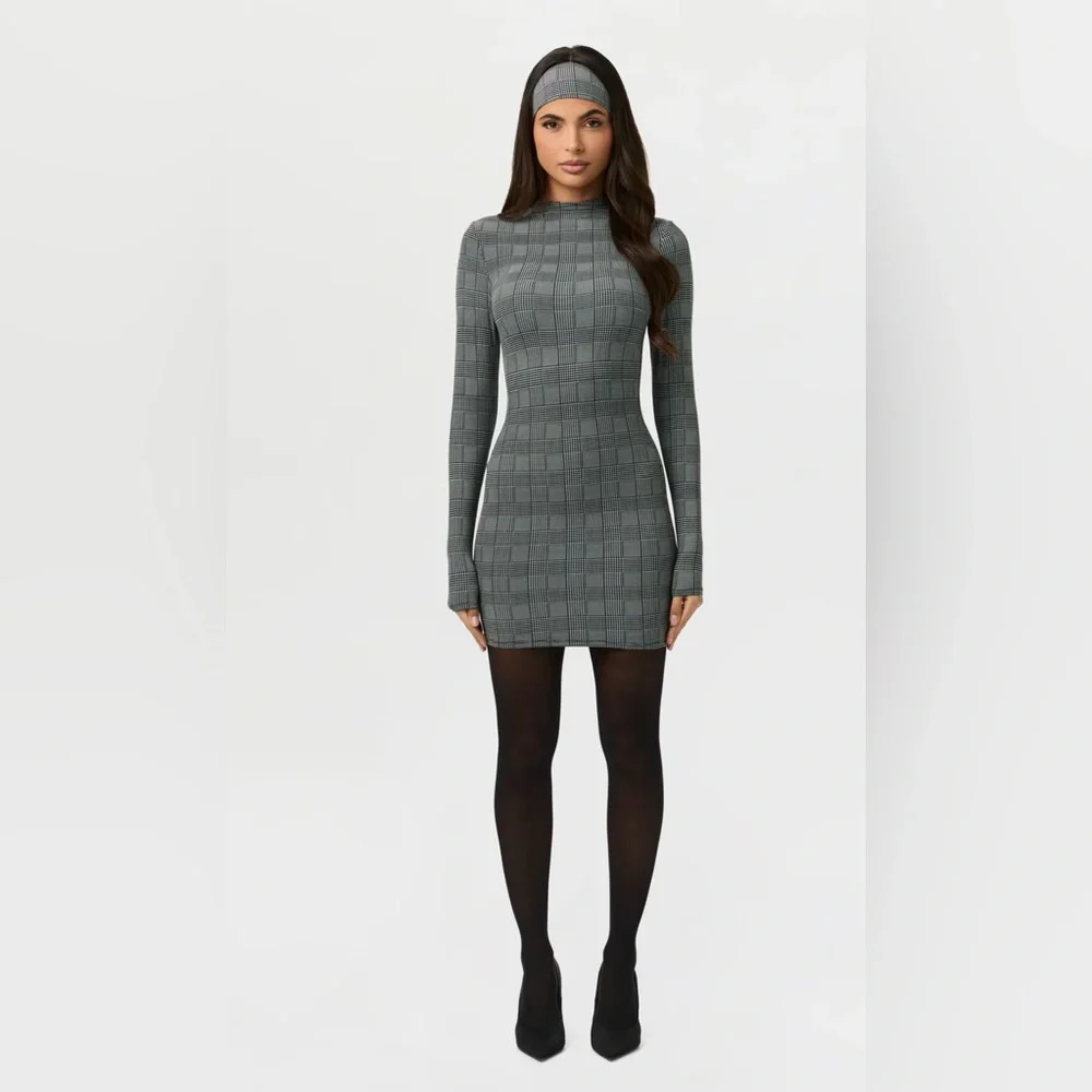 NAKED PRINT MINI DRESS HOUNDSTOOTH-PLAID - Picture 1 of 3